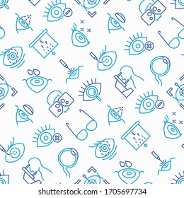 Ophthalmology seamless pattern with thin line icons: laser eye surgery, eye test, eye drops, contact lenses, cataract, astigmatism, phoropter, autorefractometer, farsightedness. Vector illustration.