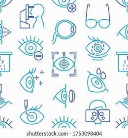 Ophthalmology seamless pattern with thin line icons: laser eye surgery, eye test, eye drops, contact lenses, cataract, astigmatism, phoropter, autorefractometer, farsightedness. Vector illustration.