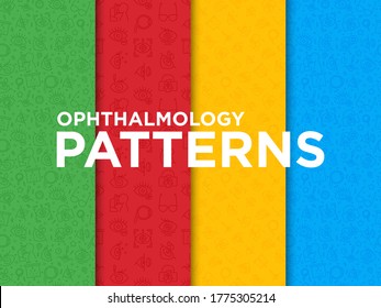 Patrón de oftalmología sin fisuras con iconos de línea delgada: cirugía ocular por láser, prueba ocular, colirio, lentes de contacto, cataratas, astigmatismo, foropter, autorefractomómetro, previsibilidad. Ilustración vectorial.