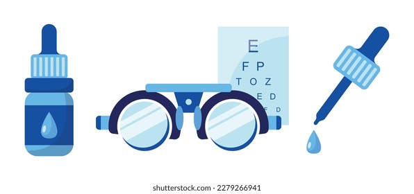 Ophthalmology set concept. Optometrist Checks Patient Eyesight. Optical Test for Eyes. Good Vision and Care. Ophthalmological Sight Examination and Treatment. Illustration isolated on white background