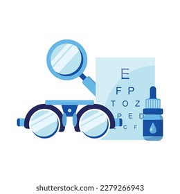 Ophthalmology set concept. Optometrist Checks Patient Eyesight. Optical Test for Eyes. Good Vision and Care. Ophthalmological Sight Examination and Treatment. Illustration isolated on white background