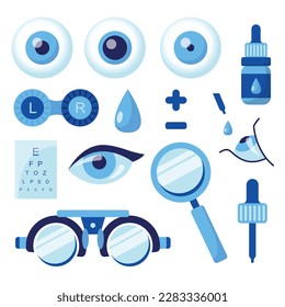 Ophthalmology set concept. Optometrist Checks Patient Eyesight. Optical Test for Eyes. Good Vision and Care. Ophthalmological Sight Examination and Treatment. Illustration isolated on white background