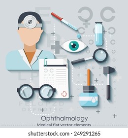 Ophthalmology set in flat style.  Healthcare and medical concept. Vector illustration