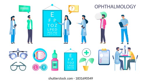 Ophthalmology set, flat vector isolated illustration. Doctor oculist patient characters. Chart for eye check up. Ophthalmologist eyesight examination, vision test. Optometry, ophthalmology diagnostics