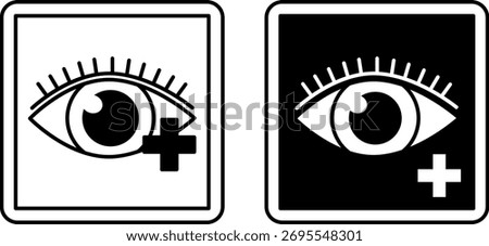 Ophthalmology Signs. Black and White Vector Icons. Human Eye and Plus Sign. Eye Disease Treatment. Hospital Department Sign
