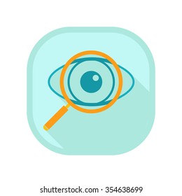 Ophthalmology square icon with eye and a magnifying glass .Concept of optometry, ophthalmic, optician, oculist with long shadow effect. Isolated on white background. Flat modern vector illustration