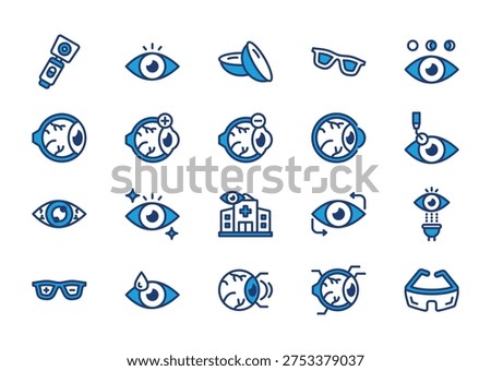 Ophthalmology thin blue icon set. Containing ophthalmoscope, eye, contact lens, glasses
