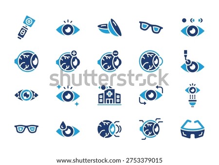 Ophthalmology thin flat icon set. Containing ophthalmoscope, eye, contact lens, glasses