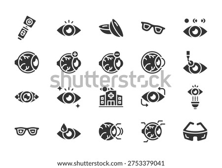 Ophthalmology thin glyph icon set. Containing ophthalmoscope, eye, contact lens, glasses