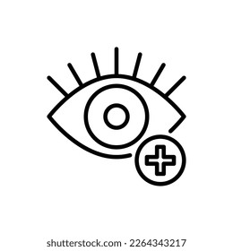 Ophthalmology thin line icon: farsightedness. Human eye with plus sign. Modern vector illustration.