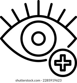 Ophthalmology thin line icon: farsightedness. Human eye with plus sign. Modern vector illustration.