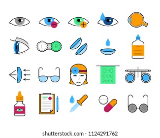 Ophthalmology thin line icons set. Oculist optometry and eyes vision correction vector illustration. Ophthalmology healthcare, medical diagnosis and treatment. Eye specialist clinic outline signs.