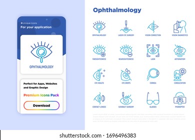 Ophthalmology thin line icons set: laser eye surgery, eye test, eye drops, contact lenses, cataract, astigmatism, phoropter, autorefractometer, farsightedness, nearsightedness. Vector illustration.