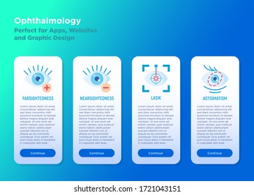 Iconos de línea delgada de oftalmología: cirugía láser ocular, astigmatismo, visión de futuro, miopía. Ilustración vectorial, plantilla con espacio de copia.