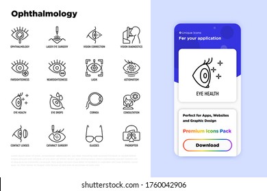 Ophthalmology thin line icons set: laser eye surgery, eye test, eye drops, contact lenses, cataract, astigmatism, phoropter, autorefractometer, farsightedness, nearsightedness. Vector illustration.
