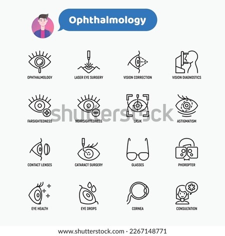 Ophthalmology thin line icons set: laser eye surgery, eye test, eye drops, contact lenses, cataract, astigmatism, phoropter, autorefractometer, farsightedness, nearsightedness. Vector illustration.