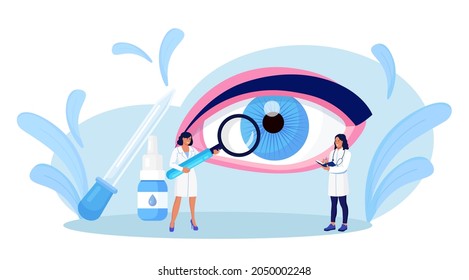 Ophthalmology. Tiny doctors treats and examines eyes, vision. Medical eyesight check up, diagnosis. Lens examination and retina correction. Vector illustration