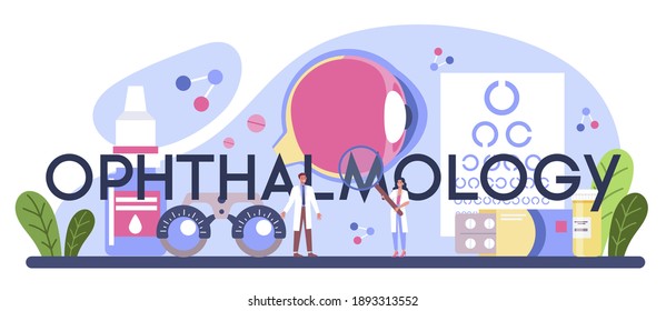 Ophthalmology typographic header. Idea of eyesight check and treatment. Eyesight diagnosis and laser correction. Vector illustration in cartoon style