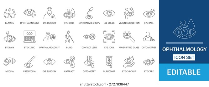 Ophthalmologische Vektorsymbole. Merkmale Ikonen von Glaukom, Katarakt, Chirurgie, Linse, blind. Perfekt für Optometriekliniken, medizinische Apps und Augenpflegeprojekte.