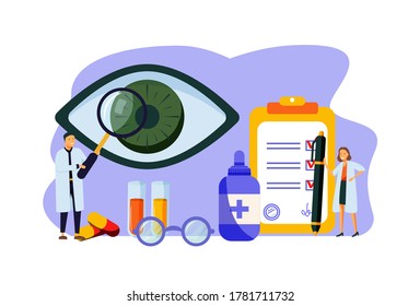 Ophthalmology vector illustration. Flat tiny eyes health persons concept. Abstract lens view examination checkup. Patient myopia and foresight focus correction treatment with pills drops and glasses.