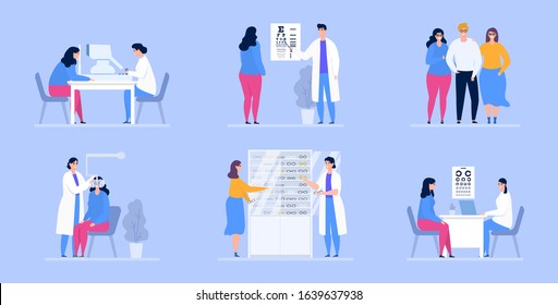 Ophthalmology vector illustration, people doctors ophthalmologists and patients in eye medical clinic set. Vision test, okulist selected glasses in optics. Healthcare and treatment.