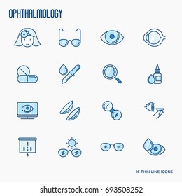Die Ophthalmologie und die Sehkraft sind dünne Linien. Vektorgrafik für Banner, Webseiten, Printmedien.