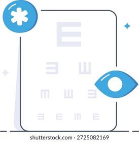 Examen oftalmológico de la vista con una tabla de prueba ocular con iconos azules para chequeos médicos y evaluación de la salud visual. Ilustración vectorial plana isométrica.