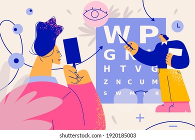 Ophthalmology and vision examination concept. Doctor ophthalmologist conducting eye test using chart and examining patients eye vision vector illustration