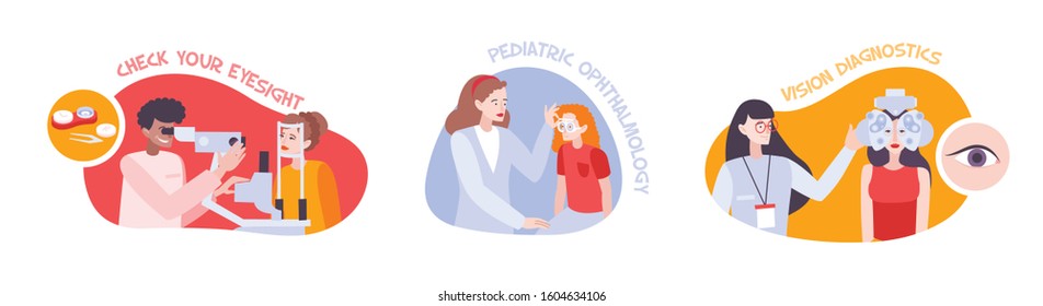Ophthalmology vision set with three compositions of text and flat images with characters of medical specialists vector illustration