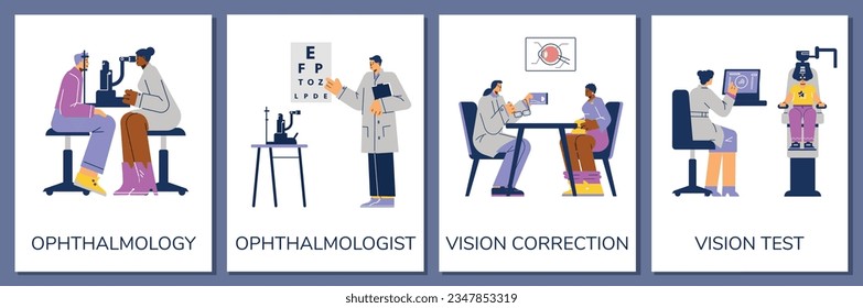 Ophthalmology vision testing and correction glasses selection banners set. Optometry and ophthalmology clinic poster templates, flat vector illustration.