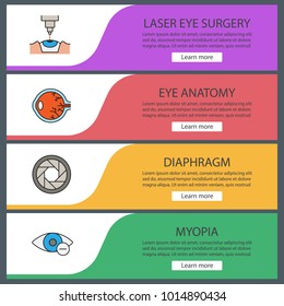Ophthalmology web banner templates set. Website color menu items. Laser surgery, eye anatomy, diaphragm, myopia. Vector headers design concepts
