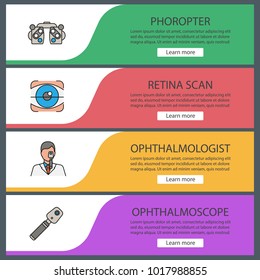 Ophthalmology web banner templates set. Phoropter, retina scan, ophthalmologist, ophthalmoscope. Website color menu items. Vector headers design concepts