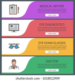 Ophthalmology web banner templates set. Medical report, computer diagnostics, exam glasses, doctor. Website color menu items. Vector headers design concepts