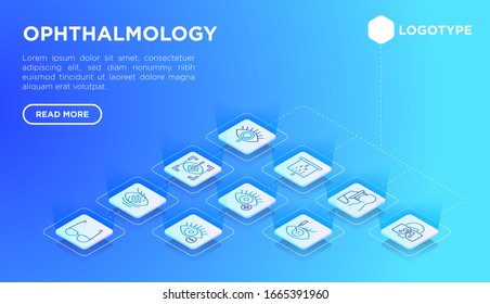 Ophthalmology web page template with thin line isometric icons: laser eye surgery, eye test, eye drops, contact lenses, cataract, astigmatism, phoropter, autorefractometer. Vector illustration.
