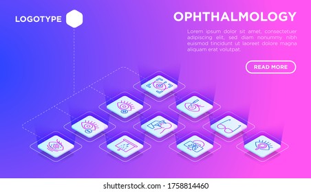 Ophthalmology web page template with thin line isometric icons: laser eye surgery, eye test, eye drops, contact lenses, astigmatism, phoropter, autorefractometer, farsightedness. Vector illustration.