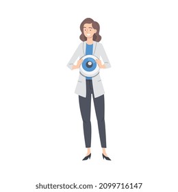 Ophthalmology with Woman Health Care Professional Holding Eye Ball Vector Illustration