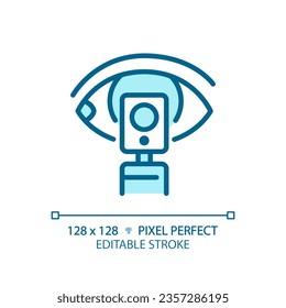 Ophthalmoscope pixel perfect light blue icon. Eye examination. Retina scan. Vision health. Test equipment. RGB color sign. Simple design. Web symbol. Contour line. Flat illustration. Isolated object