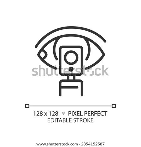 Ophthalmoscope pixel perfect linear icon. Eye examination. Retina scan. Vision health. Test equipment. Thin line illustration. Contour symbol. Vector outline drawing. Editable stroke