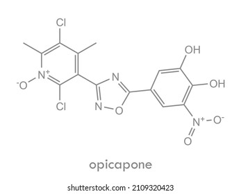 Opicapone structure. COMT inhibitor drug molecule. Used in treatment of Parkinson's disease. Chemical formula.