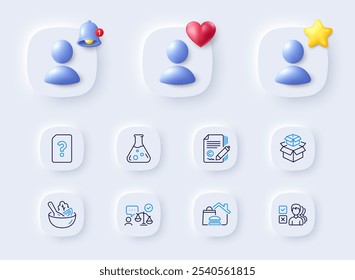 Opinion, Chemistry lab and Lawyer line icons. Placeholder with 3d bell, star, heart. Pack of Packing boxes, Salad, Unknown file icon. Food delivery, Copywriting pictogram. Vector