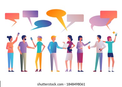 Opinion concept. Group of young creative people with communication bubbles. Discuss people. Vector illustration flat design. Isolated on white background. Dialogue speech bubbles. Template for speech.
