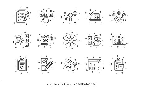 Opinion, Customer satisfaction and Feedback results. Survey or Report line icons. Testing linear icon set. Geometric elements. Quality signs set. Vector