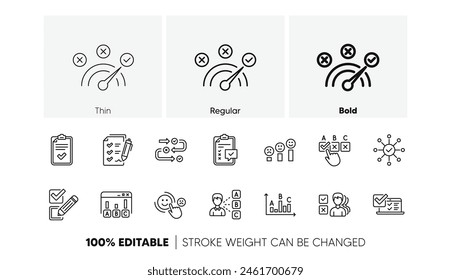 Opinión, satisfacción del Cliente y resultados de Comentarios. Iconos de línea de Encuesta o Informe. Probando conjunto de iconos lineales. Conjunto de iconos de línea. Vector