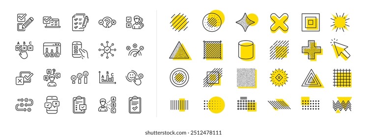 Opinion, Customer satisfaction feedback and Test icons. Design shape elements. Survey, Report review line icons. Checklist review, Quiz and Business report symbols. Vector
