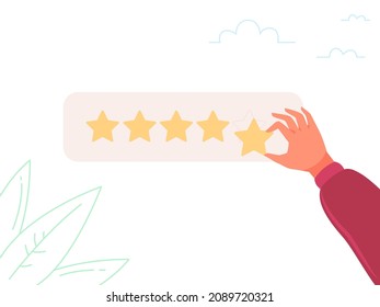 Opinion customers smartphone. Customer review rate 5 star in mobile app phone, product quality feedback, client experience, satisfaction people best service, vector illustration. Feedback and review