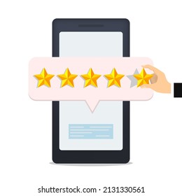 Opinion customers smartphone. Customer review rate 5 star in mobile app phone, product quality feedback, client experience, satisfaction people best service, vector illustration. Feedback and review