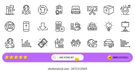 Meinung, Lieferservice und Inspect Line Icons für Web App. Packung Arena-Stadion, Fast Food, Outsource Arbeit Piktogramm-Symbole. Download, Selfie-Stick, Noise-Zeichen. Energie, Paket. Suchen Bar. Vektorgrafik