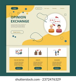 Opinion exchange flat landing page website template. Online meeting, debate, disagree. Web banner with header, content and footer. Vector illustration.