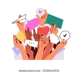 Opinión y Comentarios compartiendo, comentando, Asistencia de masas con likes, emojis. Manos sosteniendo mensajes, corazones, reacciones para la comunicación. Concepto de Ilustración vectorial plana aislada sobre fondo blanco