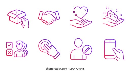 Opinion, Handshake and Edit user line icons set. Hold heart, Skin care and Hold box signs. Touchscreen gesture symbol. Choose answer, Deal hand. People set. Gradient opinion icon. Vector
